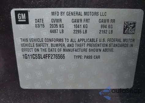 2015 Chevrolet Malibu 1Lt from USA, damaged, VIN 1G11C5SL4FF276566